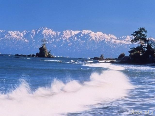 雪山が見える　雨晴海岸松太枝浜海水浴場（富山県）