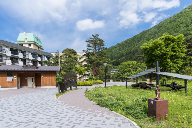 鬼怒川の渓谷美とホテル街を望む「滝見公園」