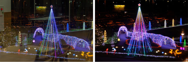 ガラス越しだと明かりが写り込んでしまう