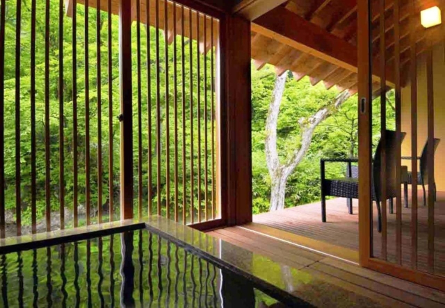 専用テラスと半露天風呂付きの客室群