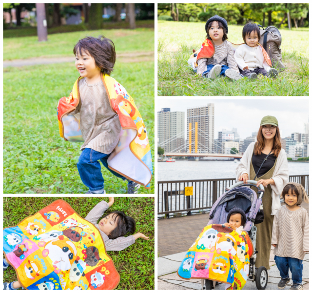 肌触りがなめらかな特製大判ブランケットで、冬のおでかけを全力応援